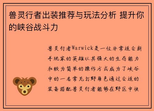 兽灵行者出装推荐与玩法分析 提升你的峡谷战斗力