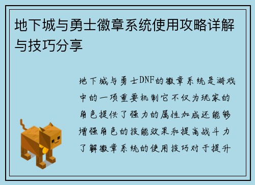 地下城与勇士徽章系统使用攻略详解与技巧分享